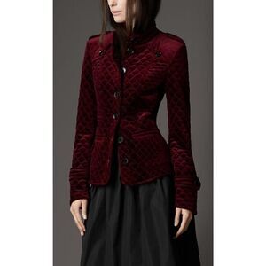Burberry London Quilted Velvet Military Jacket Burgundy Size 4 US